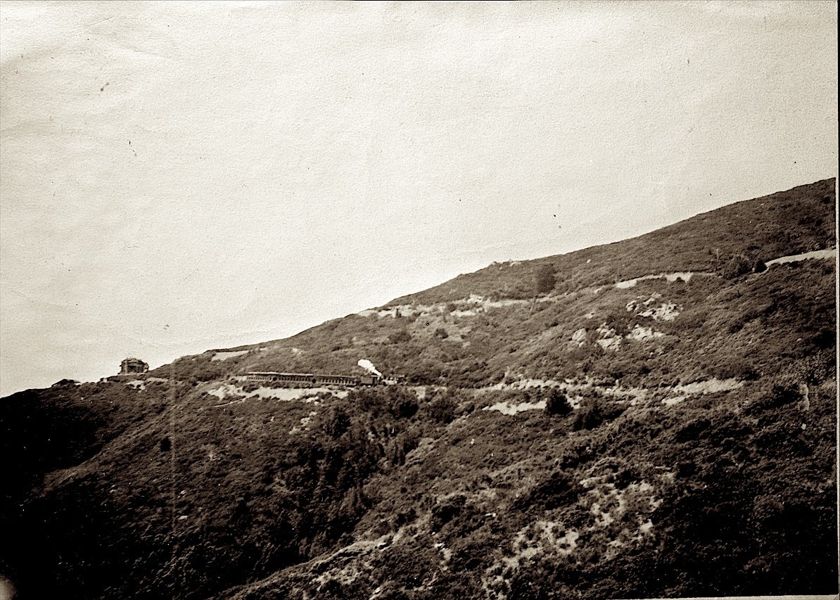 A hillside with the railway grade; the West Point Inn far left and a train coming down