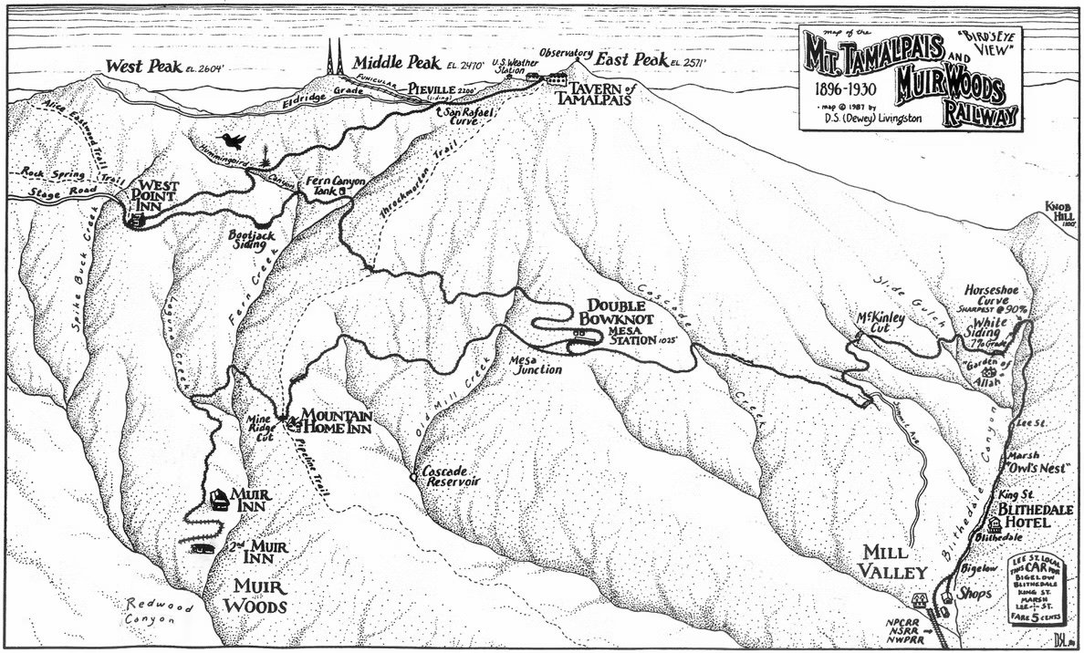 Bird’s-eye view map of the Mt. Tamalpais and Muir Woods Railway, 1896-1930