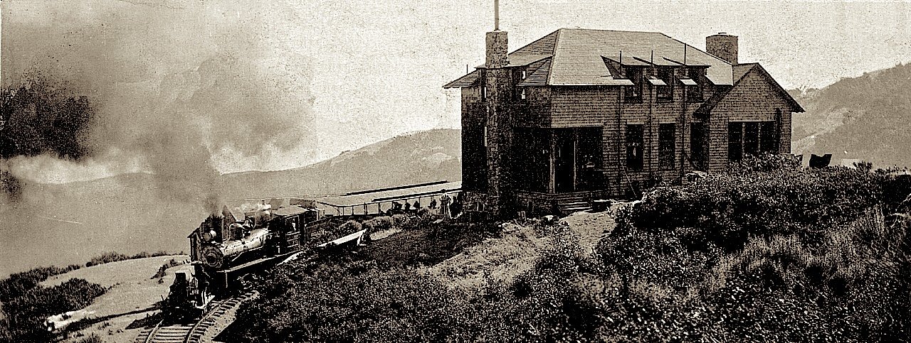 A steam train on the curve below the West Point Inn, early 1900s