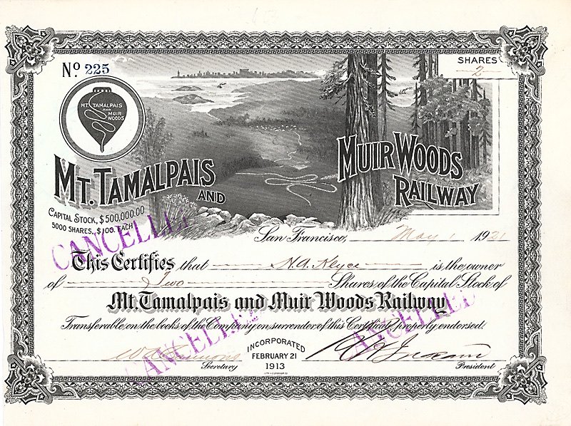An engraved share certificate of the Mt. Tamalpais and Muir Woods Railway, with redwoods, the bay and the winding track, stamped cancelled