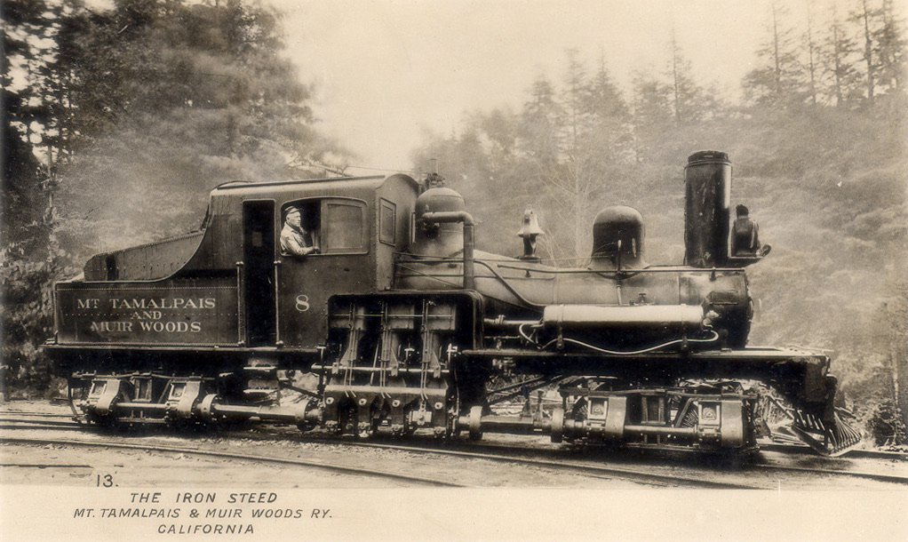 Postcard of Shay locomotive No. 8, lettered Mt Tamalpais and Muir Woods, with its engineer at the cab window