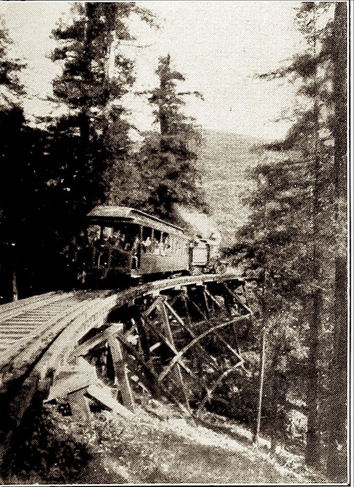 A train crossing a wooden trestle among the trees
